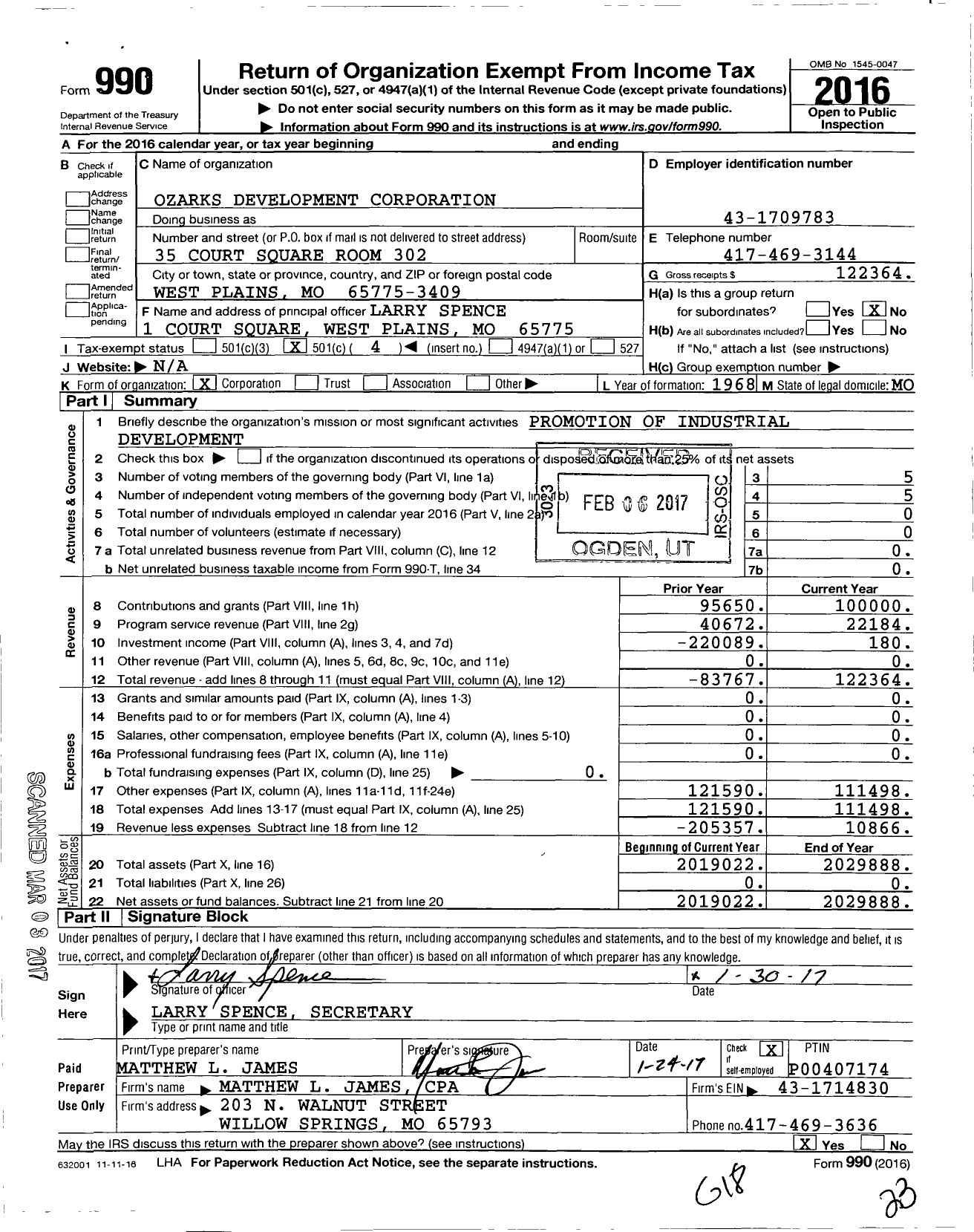 Image of first page of 2016 Form 990O for Ozarks Development Corporation