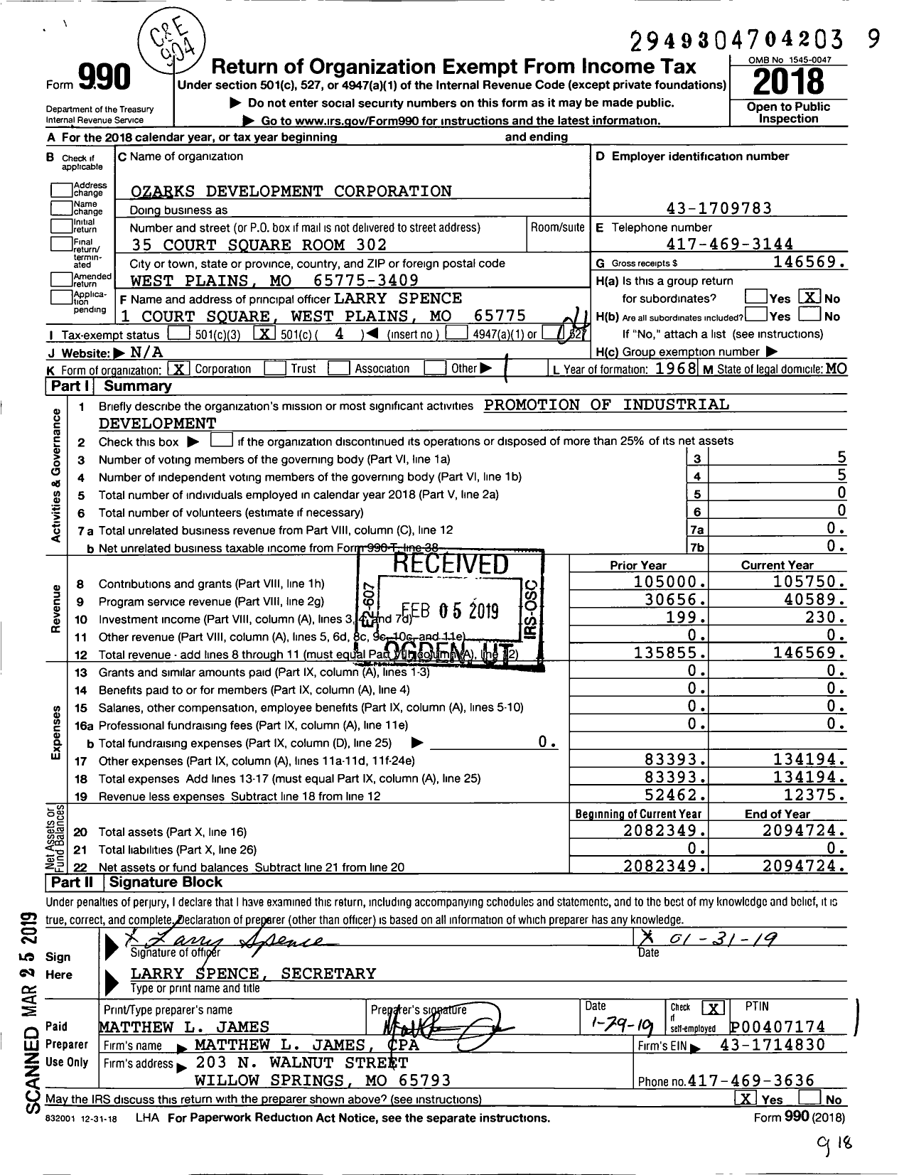 Image of first page of 2018 Form 990O for Ozarks Development Corporation