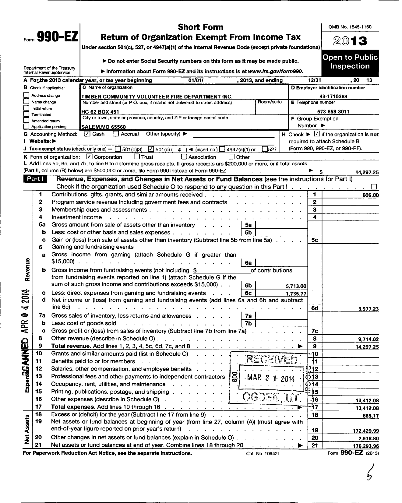 Image of first page of 2013 Form 990EO for Timber Community Volunteer Fire Department