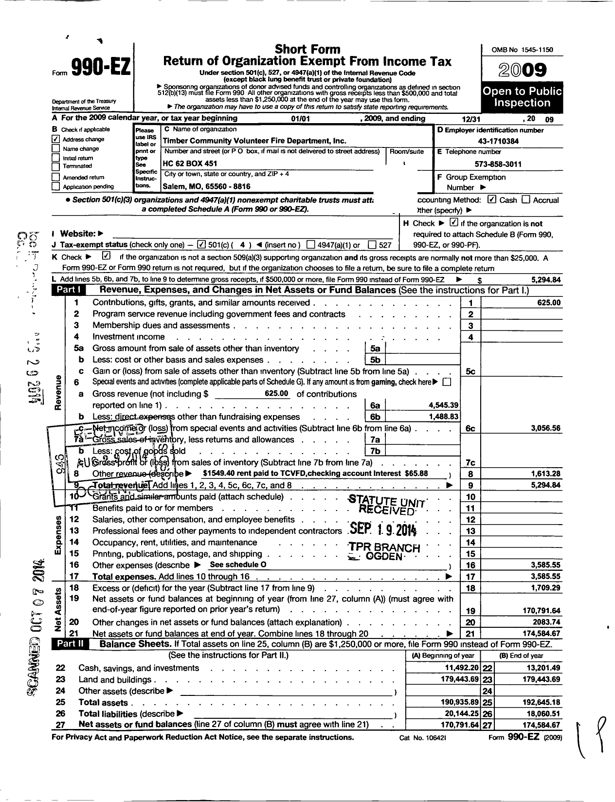 Image of first page of 2009 Form 990EO for Timber Community Volunteer Fire Department