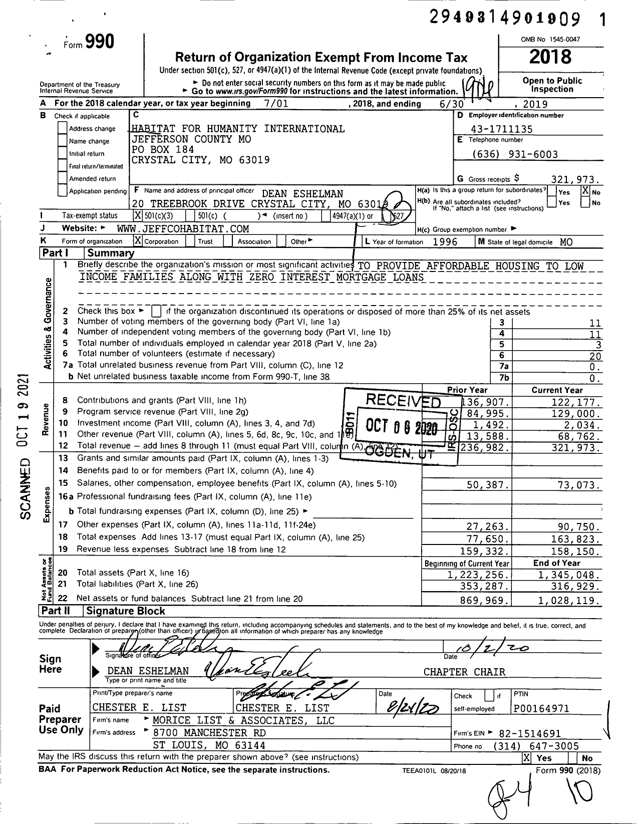 Image of first page of 2018 Form 990 for Habitat for Humanity - Habitat for Humanity Intl Jefferson Co