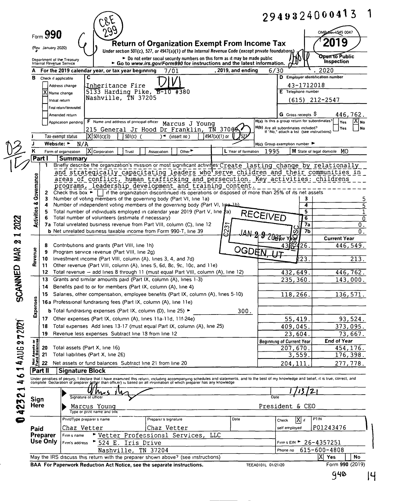 Image of first page of 2019 Form 990 for Inheritance Fire