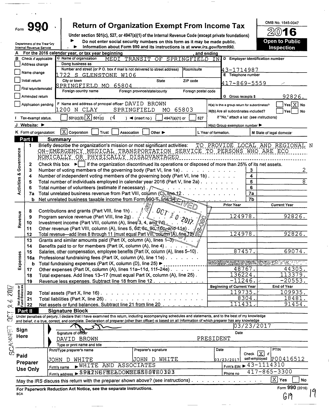 Image of first page of 2016 Form 990O for Medi Transit of Springfield in