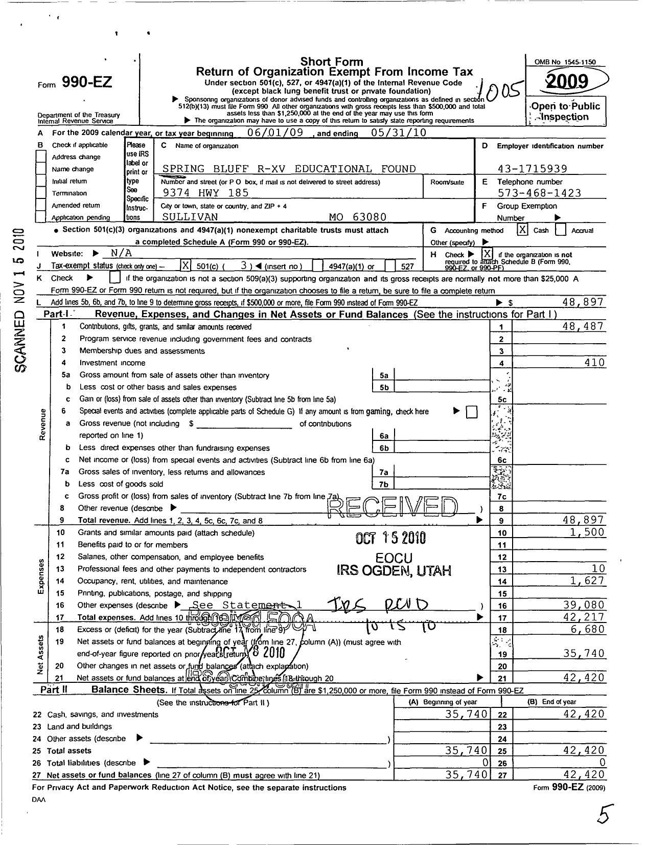 Image of first page of 2009 Form 990EZ for Spring Bluff R-XV Educational Foundation