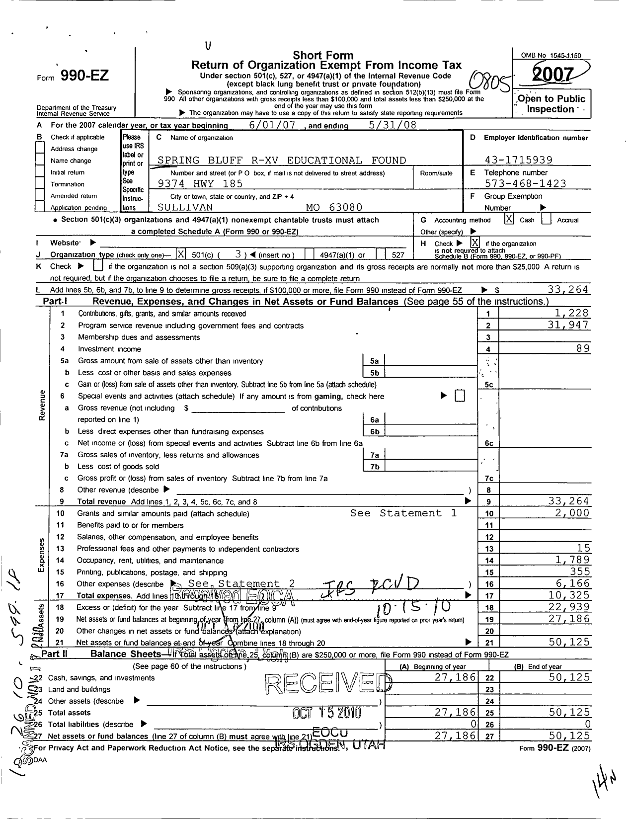 Image of first page of 2007 Form 990EZ for Spring Bluff R-XV Educational Foundation