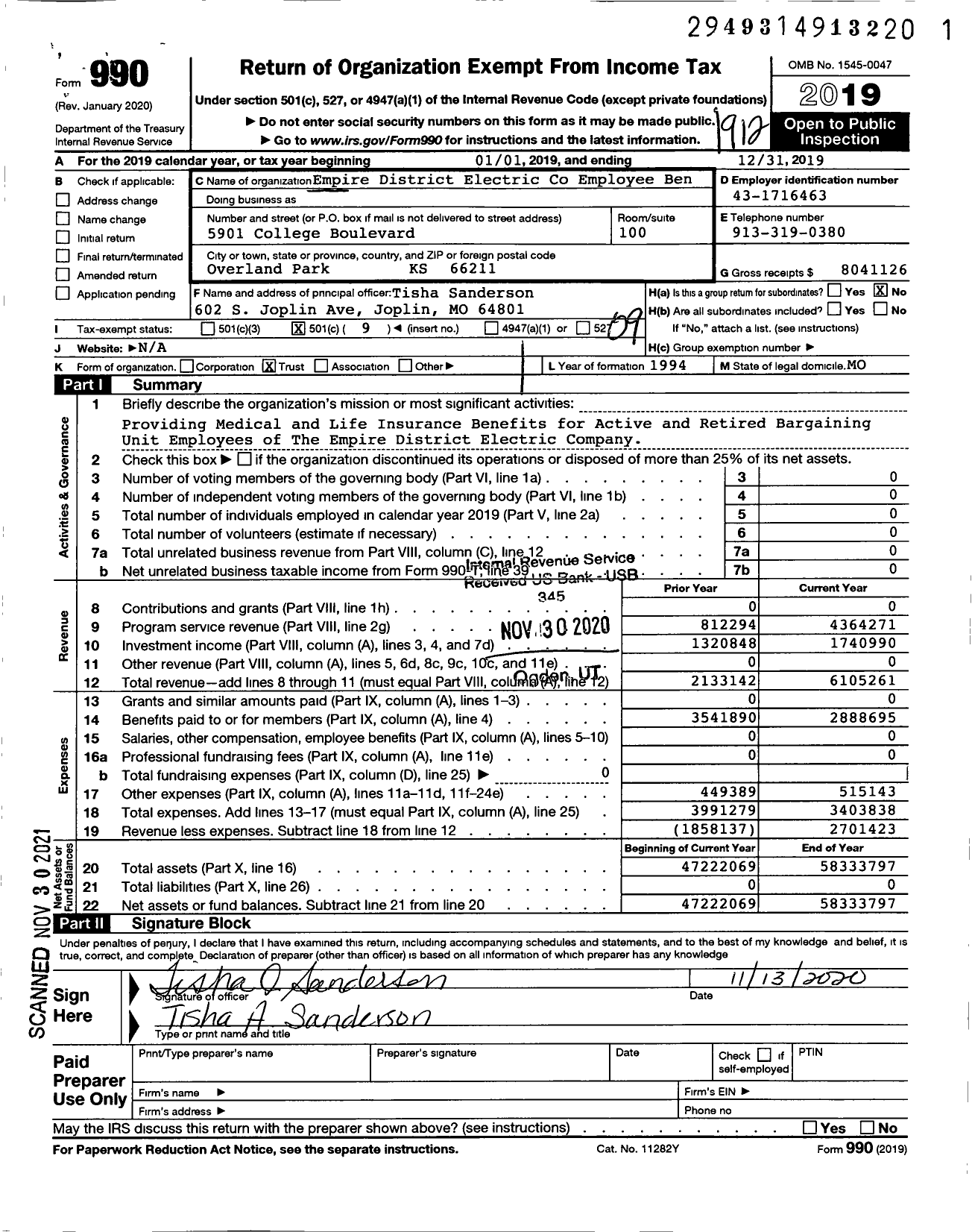 Image of first page of 2019 Form 990O for Empire District Electric Company Employee Benefit Fund for Bargaining