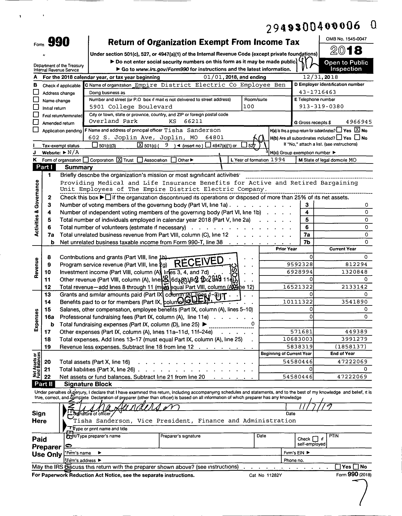 Image of first page of 2018 Form 990O for Empire District Electric Company Employee Benefit Fund for Bargaining