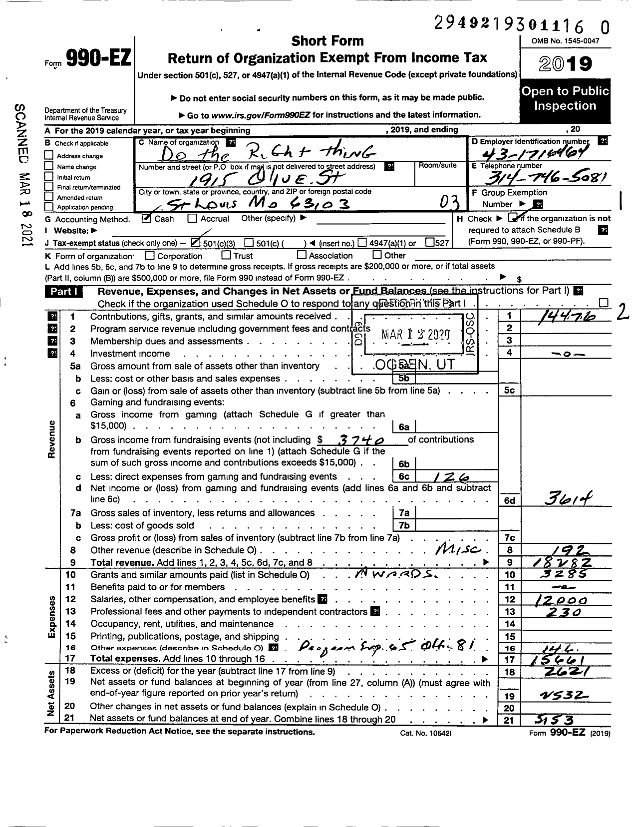 Image of first page of 2019 Form 990EZ for Do the Right Thing of Greater St Louis