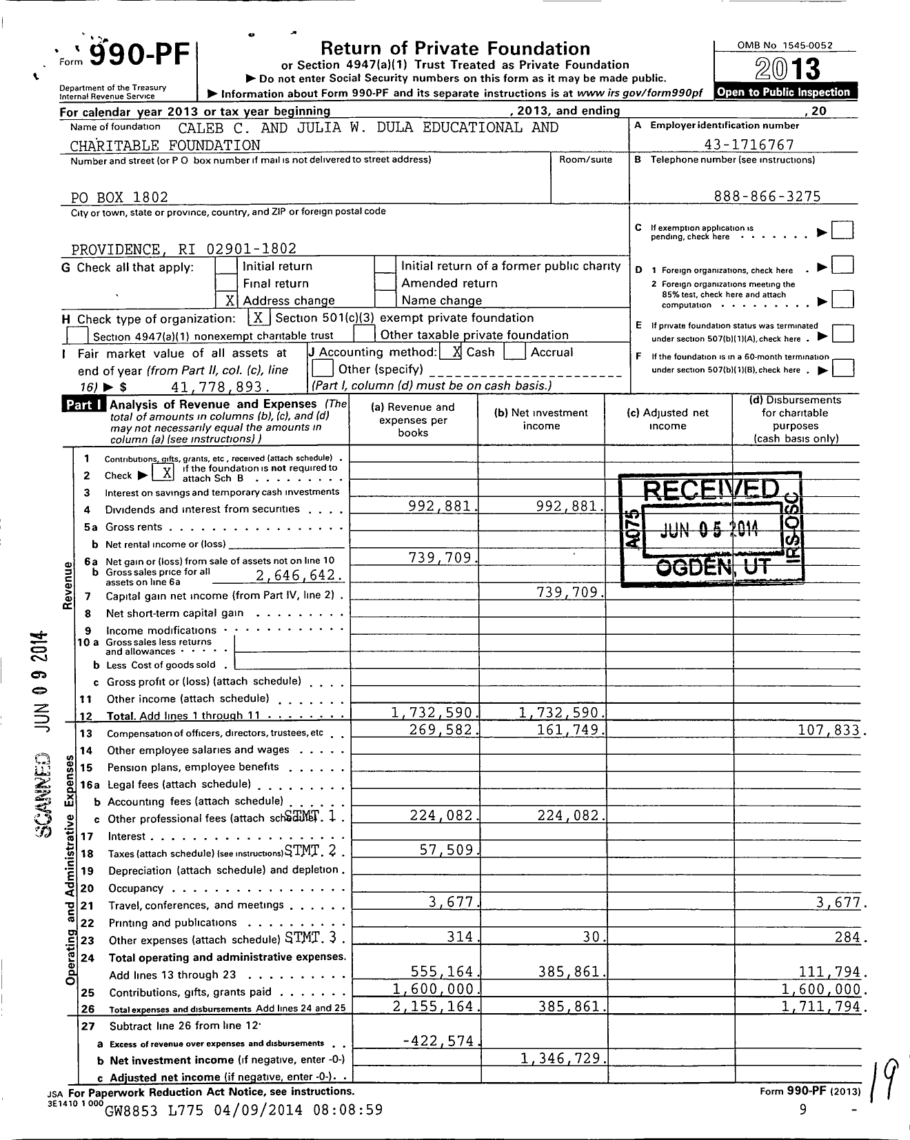 Image of first page of 2013 Form 990PF for Caleb C and Julia W Dula Educational and Charitable Foundation
