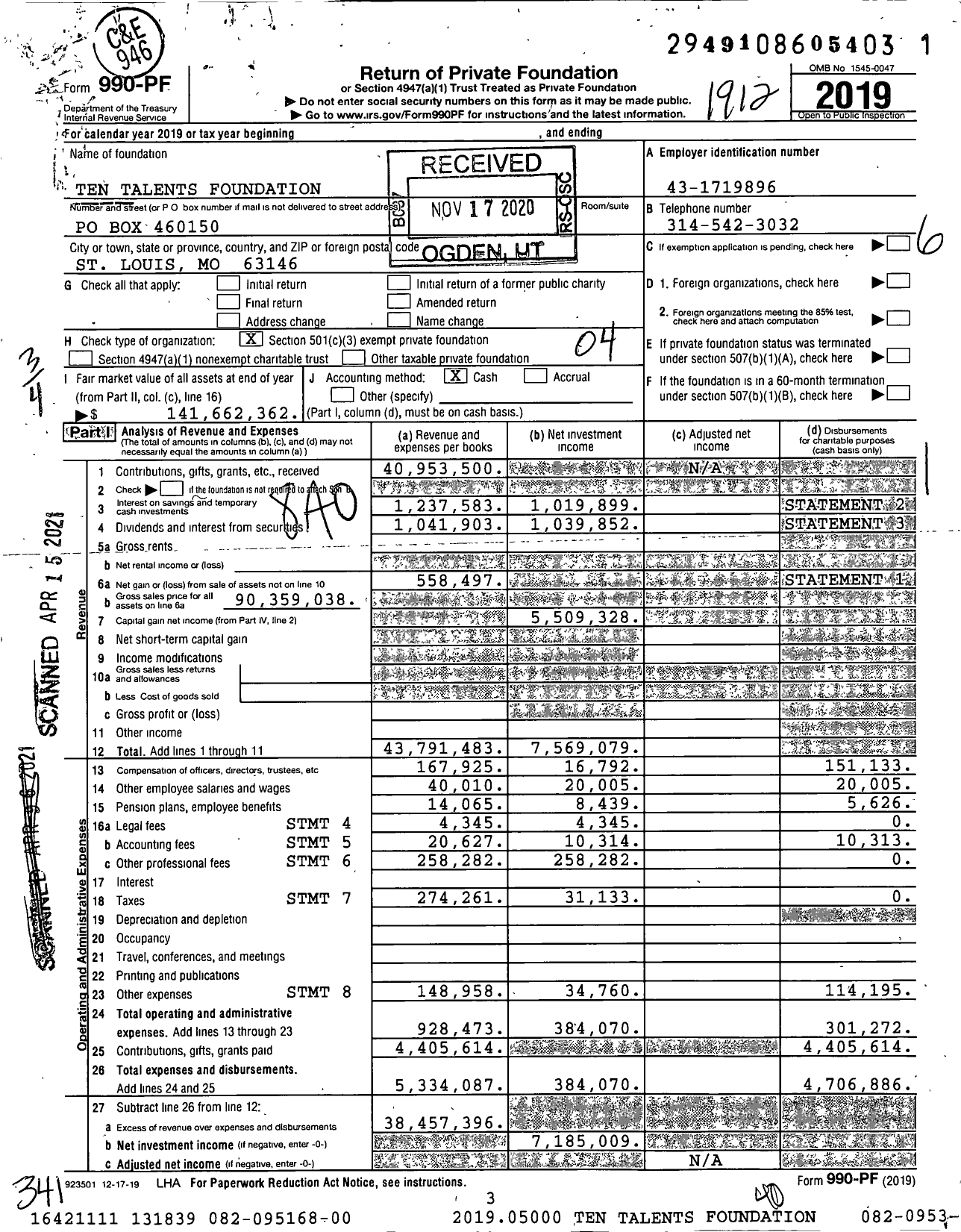 Image of first page of 2019 Form 990PF for Ten Talents Foundation
