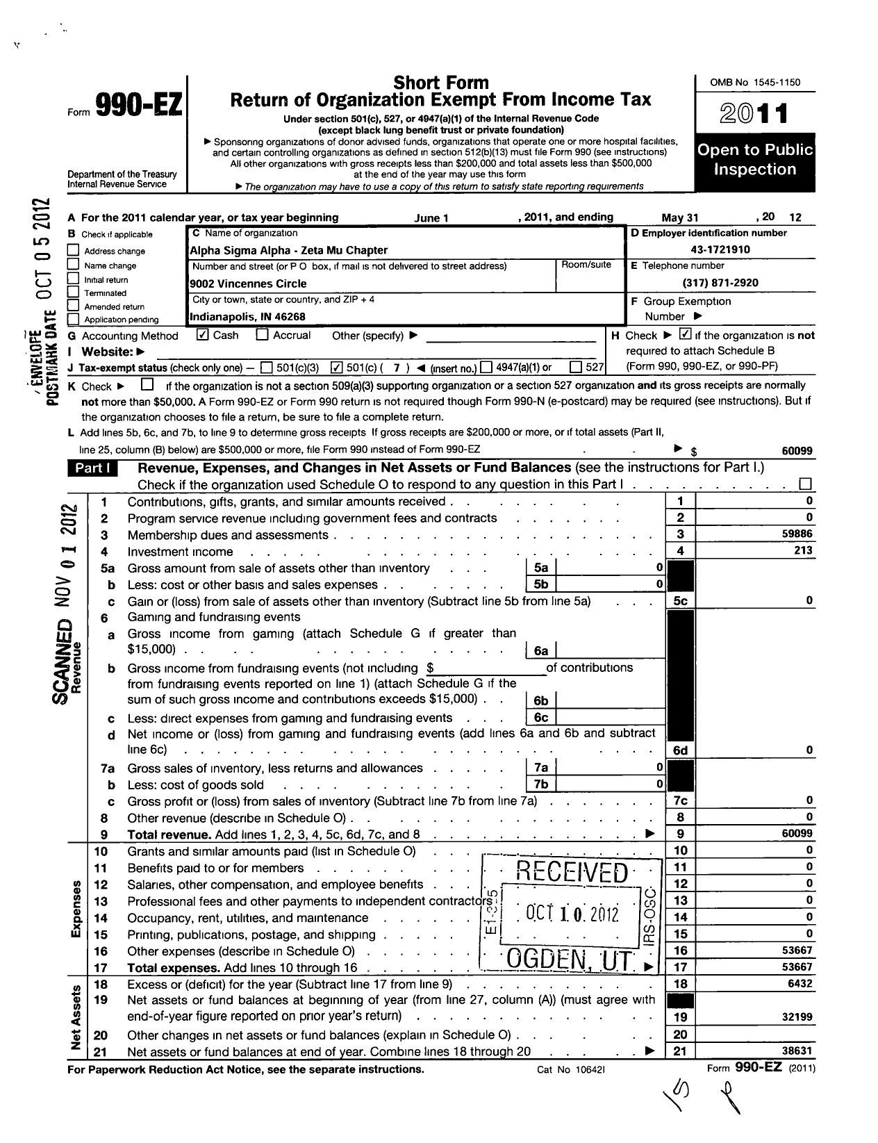 Image of first page of 2011 Form 990EO for Alpha Sigma Alpha Sorority / Zeta Mu Chapter