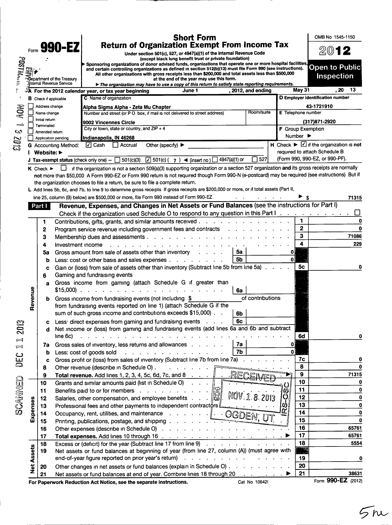 Image of first page of 2012 Form 990EO for Alpha Sigma Alpha Sorority / Zeta Mu Chapter