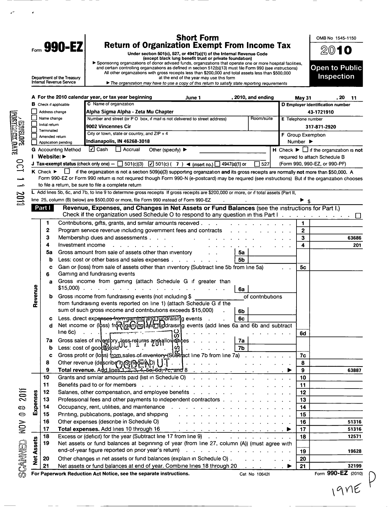 Image of first page of 2010 Form 990EO for Alpha Sigma Alpha Sorority / Zeta Mu Chapter