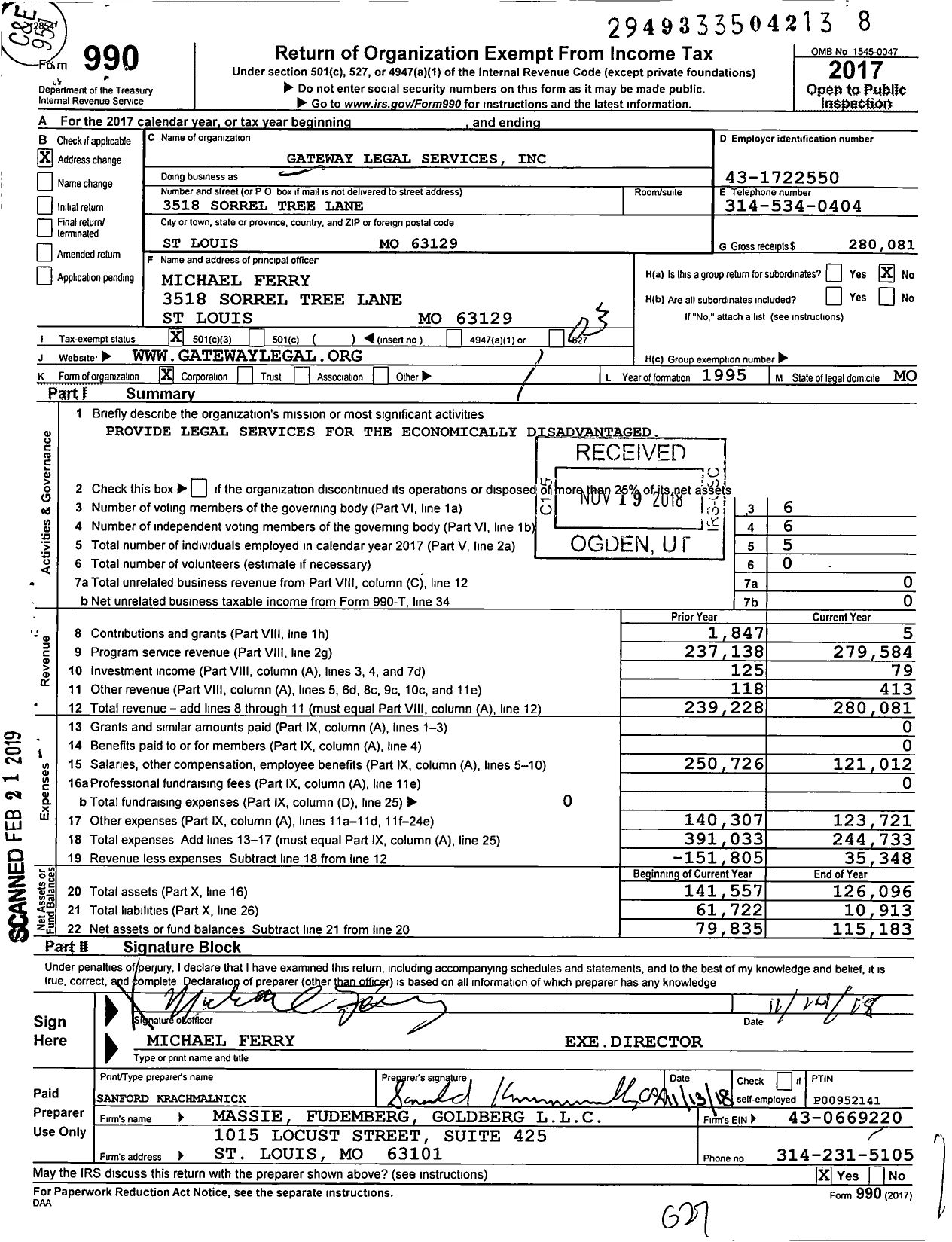 Image of first page of 2017 Form 990 for Gateway Legal Services