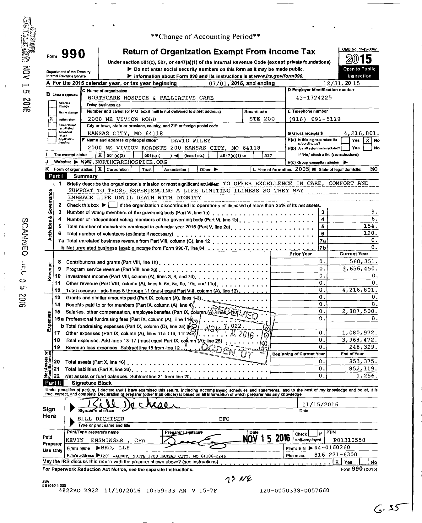 Image of first page of 2015 Form 990 for Northcare Hospice and Palliative Care