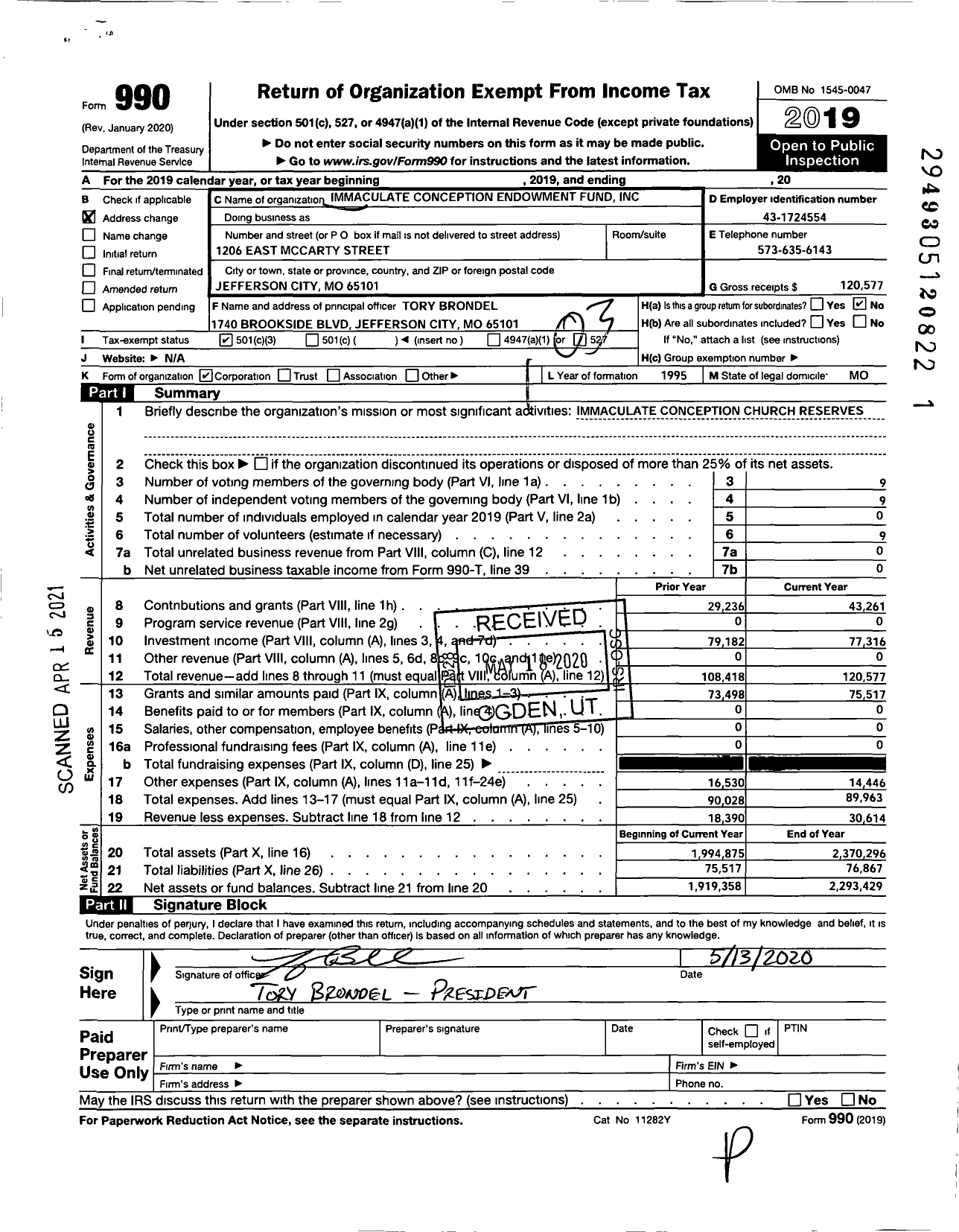 Image of first page of 2019 Form 990 for Immaculate Conception Endowment Fund