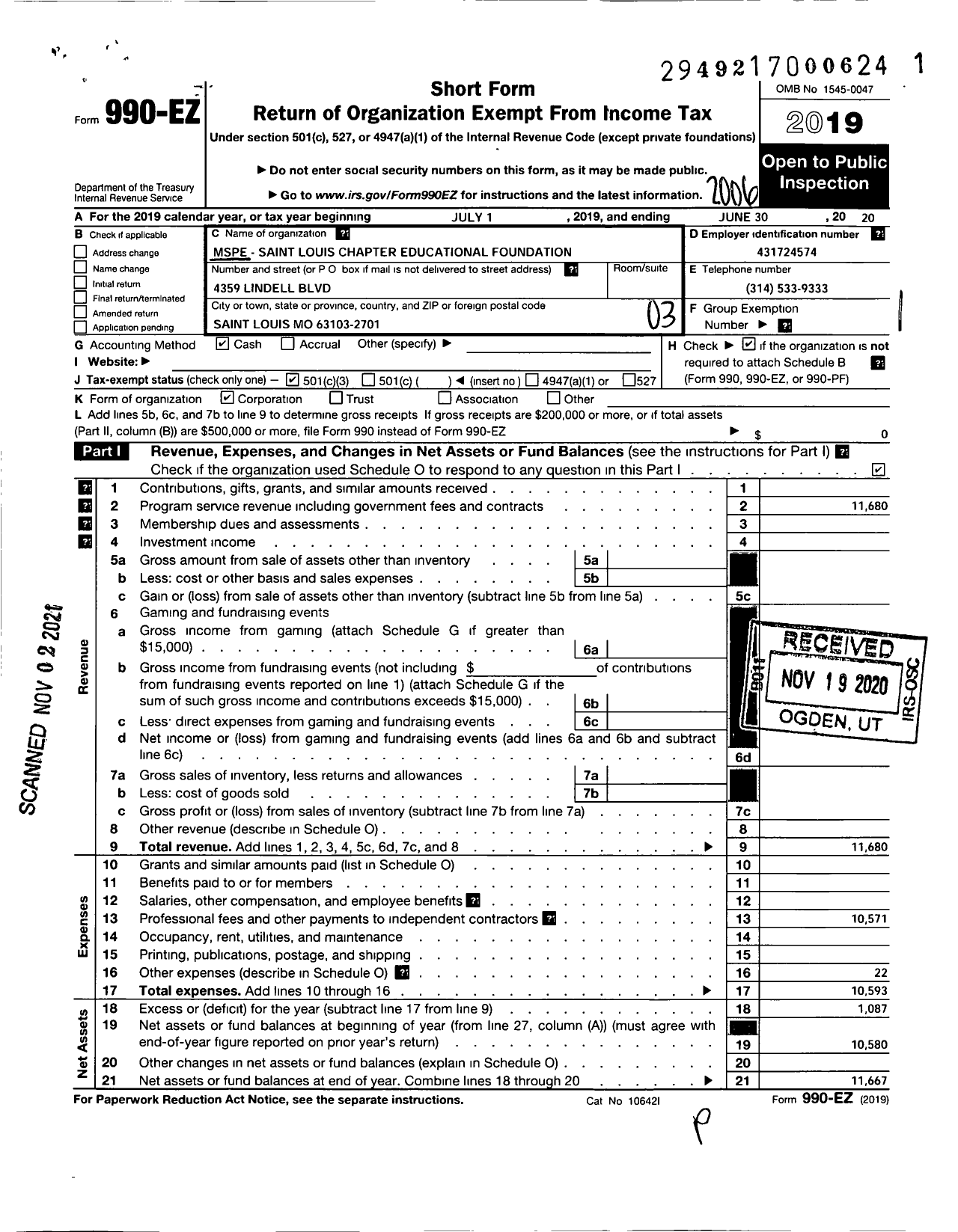 Image of first page of 2019 Form 990EZ for Mspe - St Louis Educational Foundation