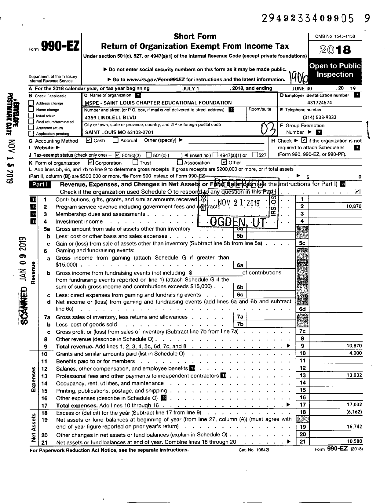 Image of first page of 2018 Form 990EZ for Mspe - St Louis Educational Foundation