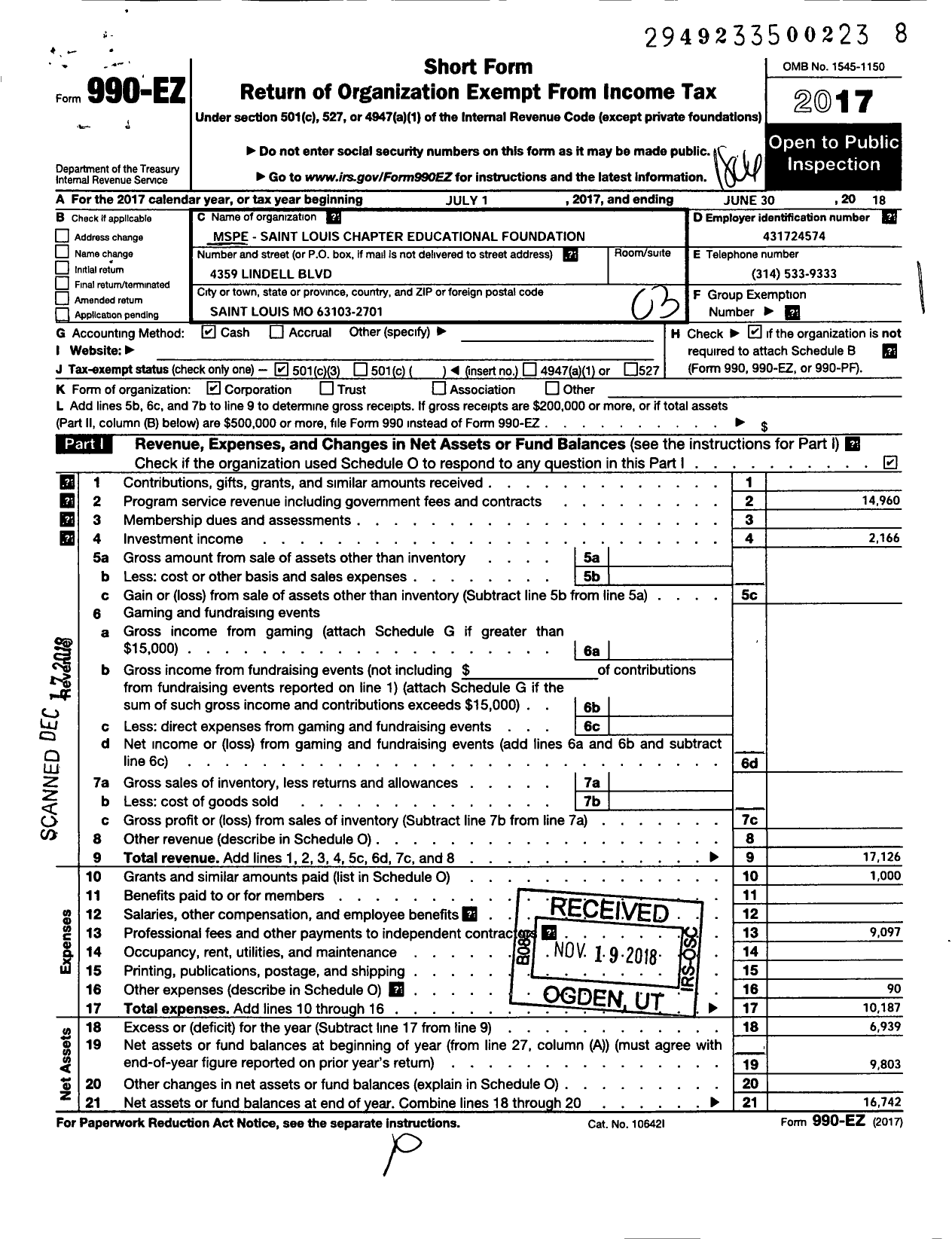 Image of first page of 2017 Form 990EZ for Mspe - St Louis Educational Foundation