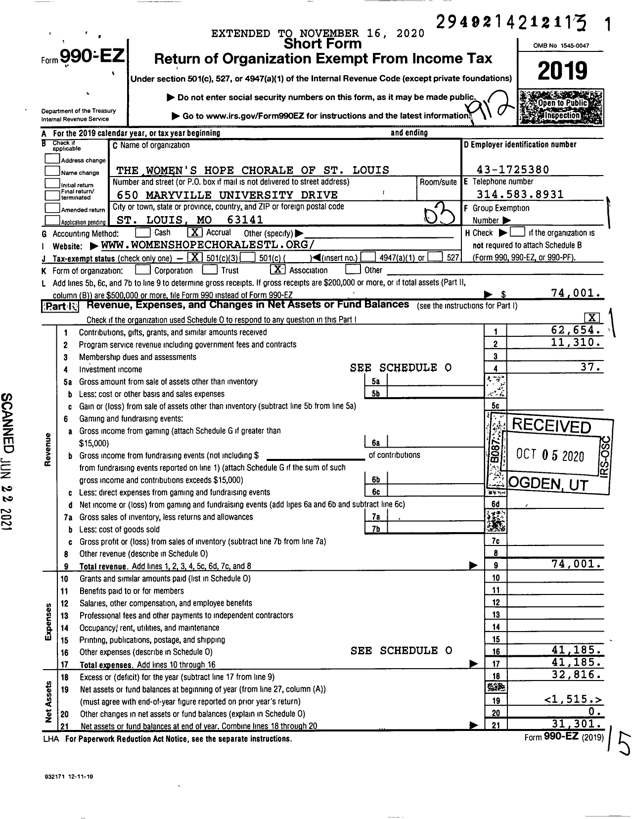 Image of first page of 2019 Form 990EZ for The Saint Louis Women's Chorale (STLWC)