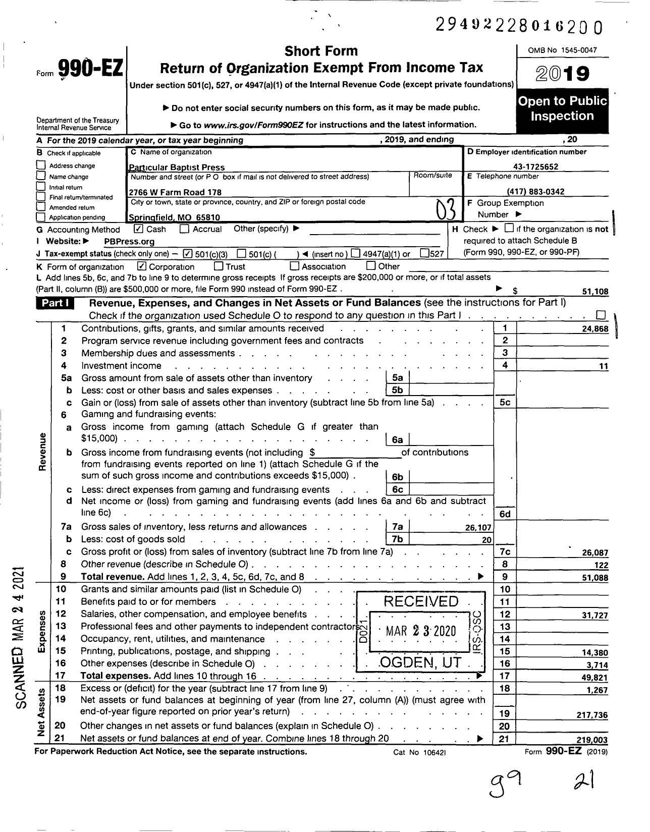 Image of first page of 2019 Form 990EZ for Particular Baptist Press