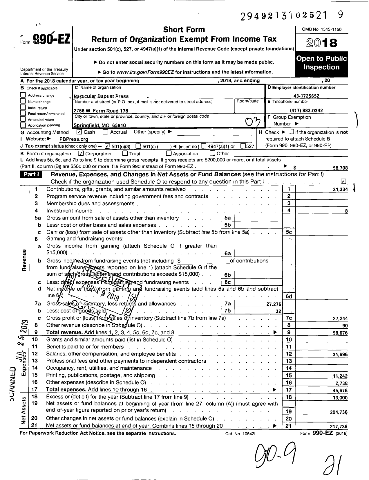 Image of first page of 2018 Form 990EZ for Particular Baptist Press