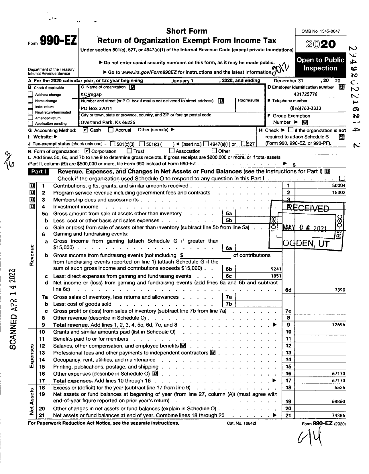 Image of first page of 2020 Form 990EZ for Kansas City Kcregap