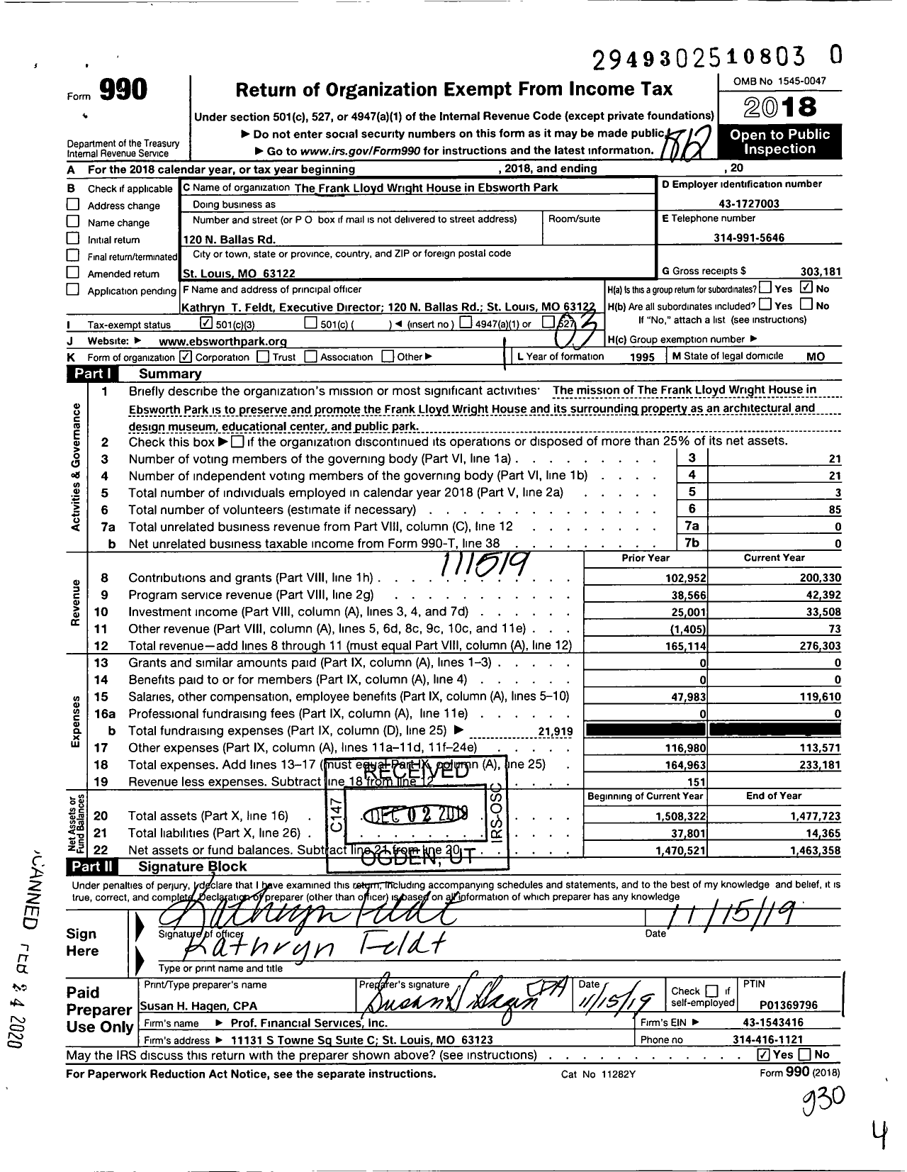 Image of first page of 2018 Form 990 for The Frank Lloyd Wright House in Ebsworth Park