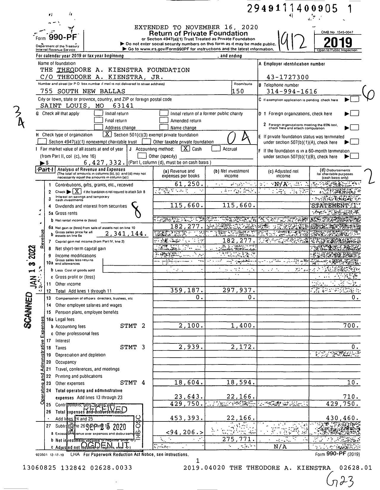 Image of first page of 2019 Form 990PF for Theodore Theodore A Kienstra Foundation