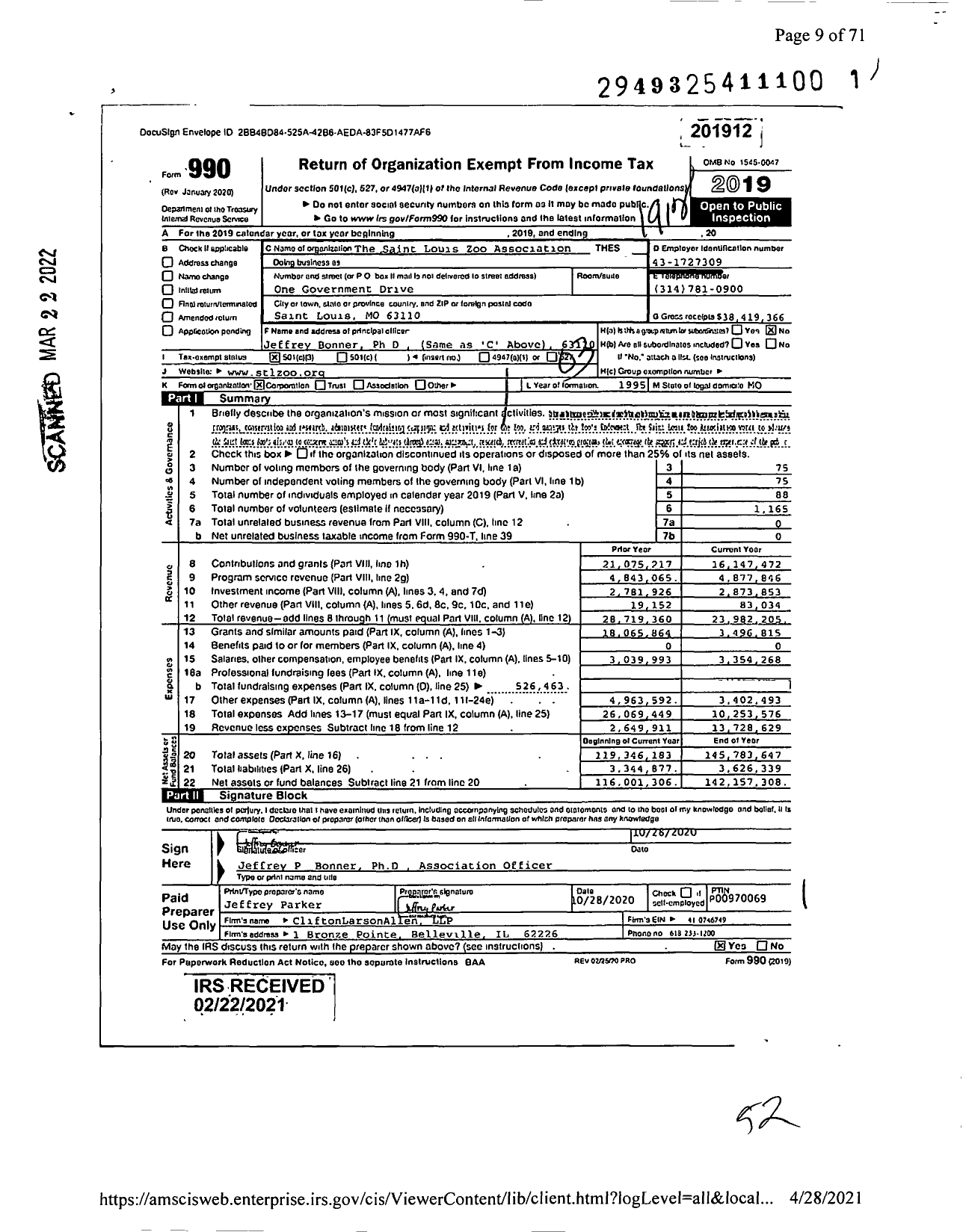 Image of first page of 2019 Form 990 for Saint Louis Zoo Association