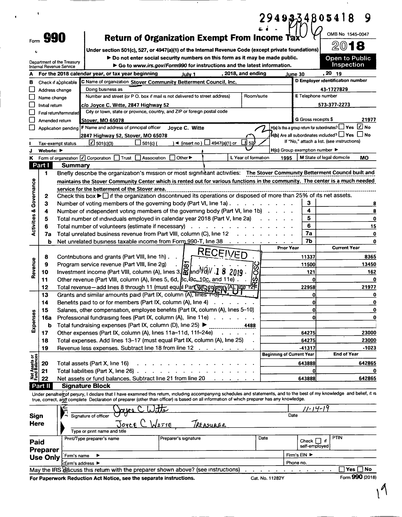 Image of first page of 2018 Form 990 for Stover Community Betterment Council