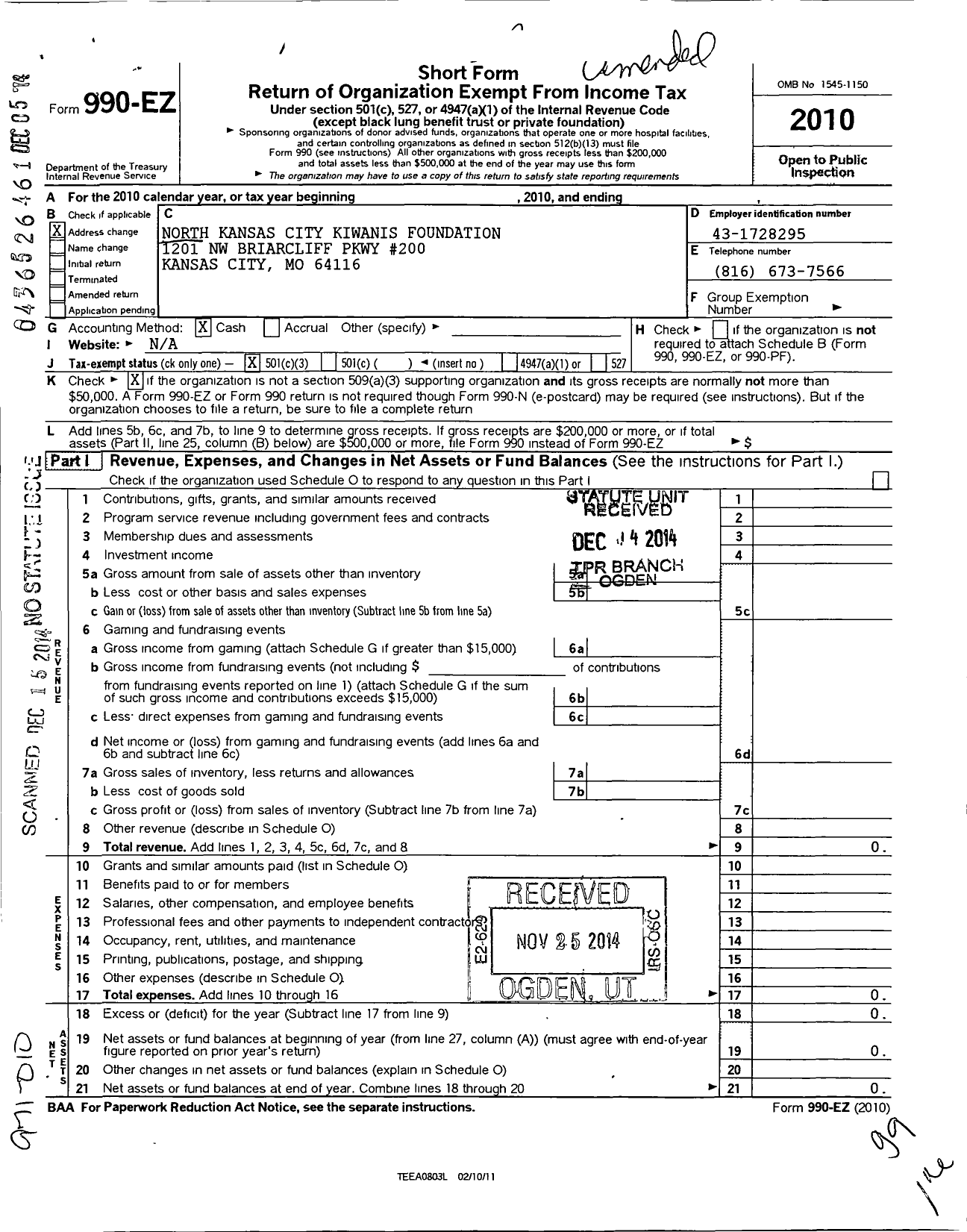 Image of first page of 2010 Form 990EZ for North Kansas City Kiwanis Foundation