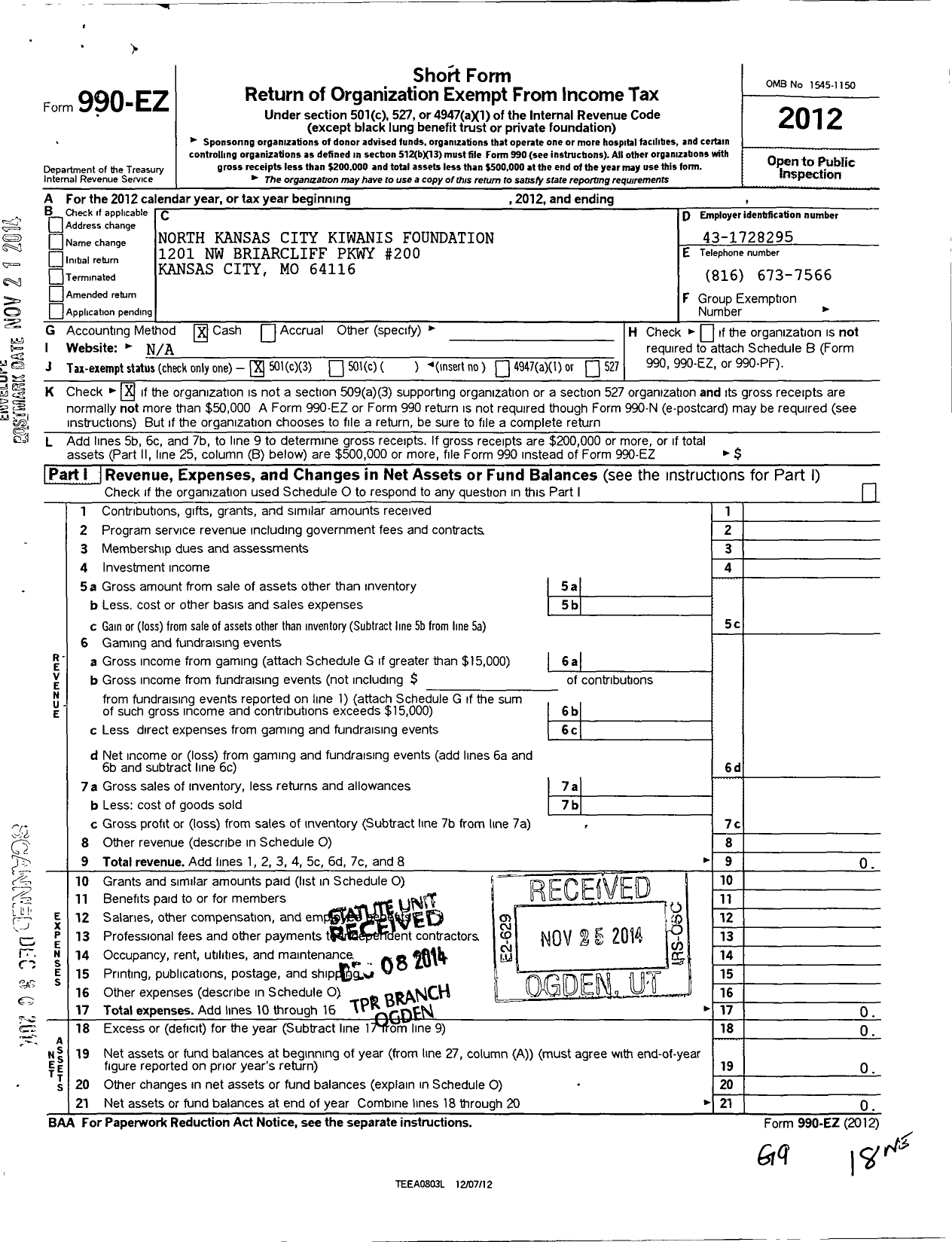 Image of first page of 2012 Form 990EZ for North Kansas City Kiwanis Foundation