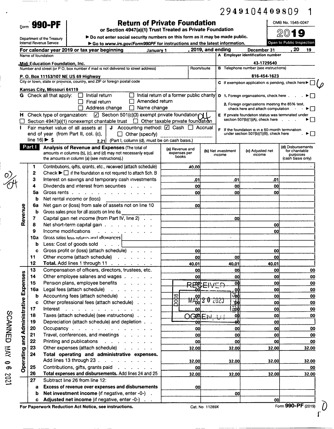 Image of first page of 2019 Form 990PF for Mail Educational Foundation