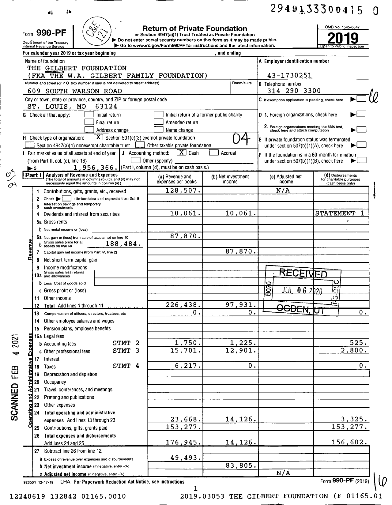 Image of first page of 2019 Form 990PF for The Gilbert Foundation