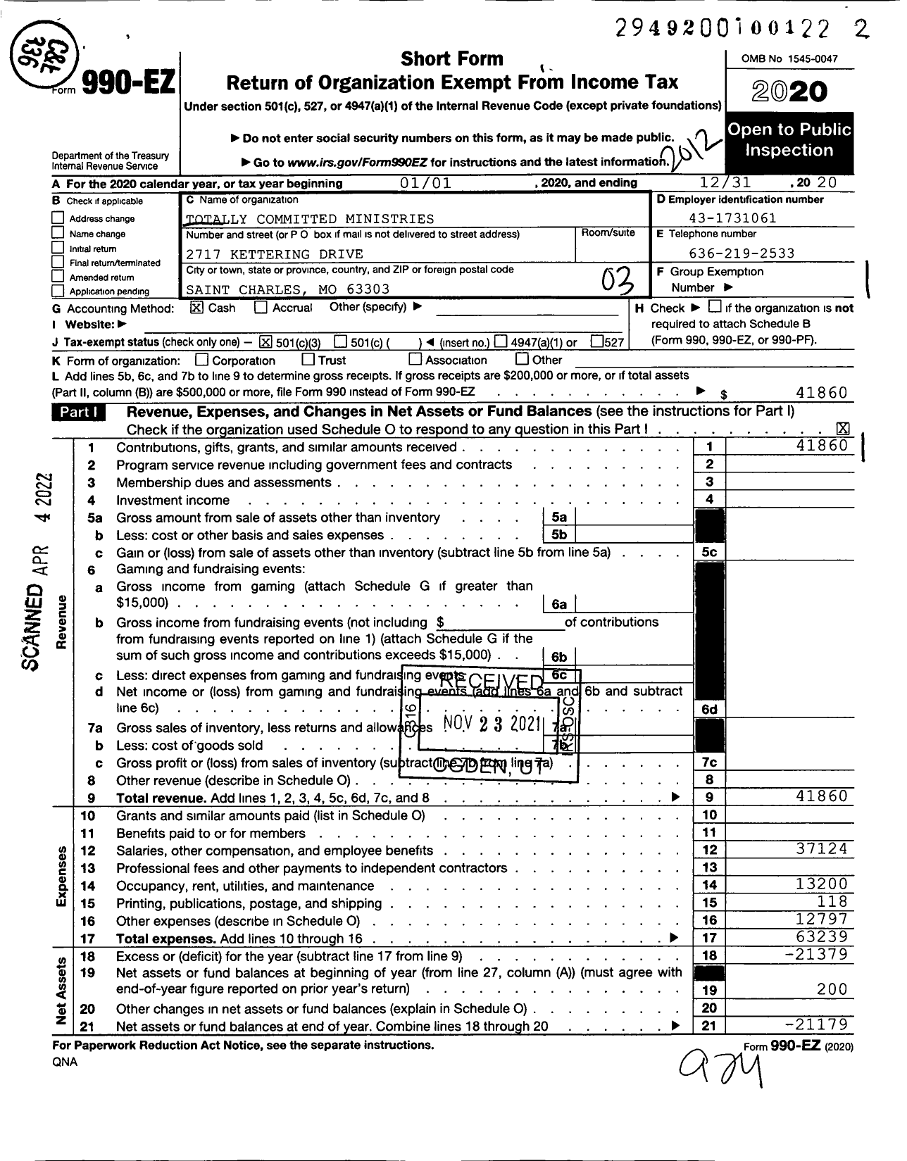 Image of first page of 2020 Form 990EZ for Totally Committed Ministries