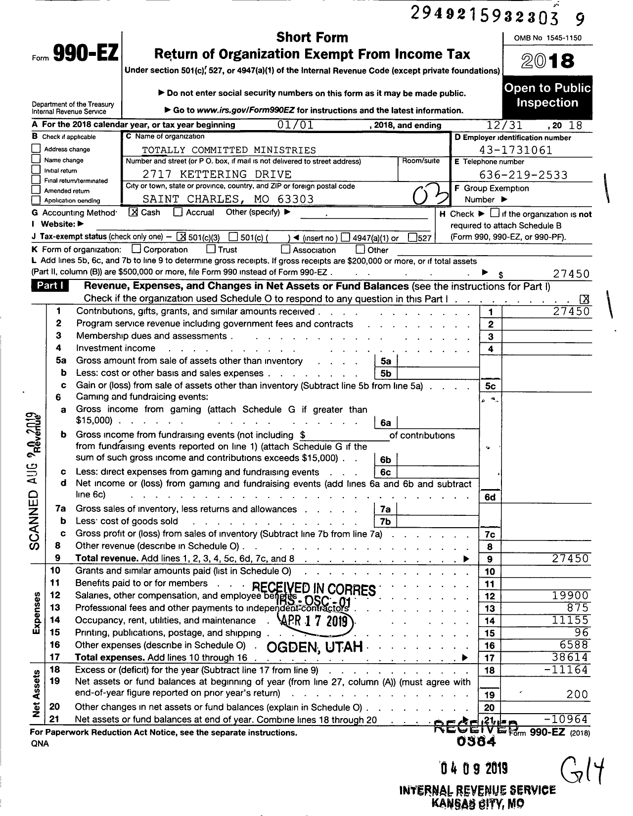 Image of first page of 2018 Form 990EZ for Totally Committed Ministries