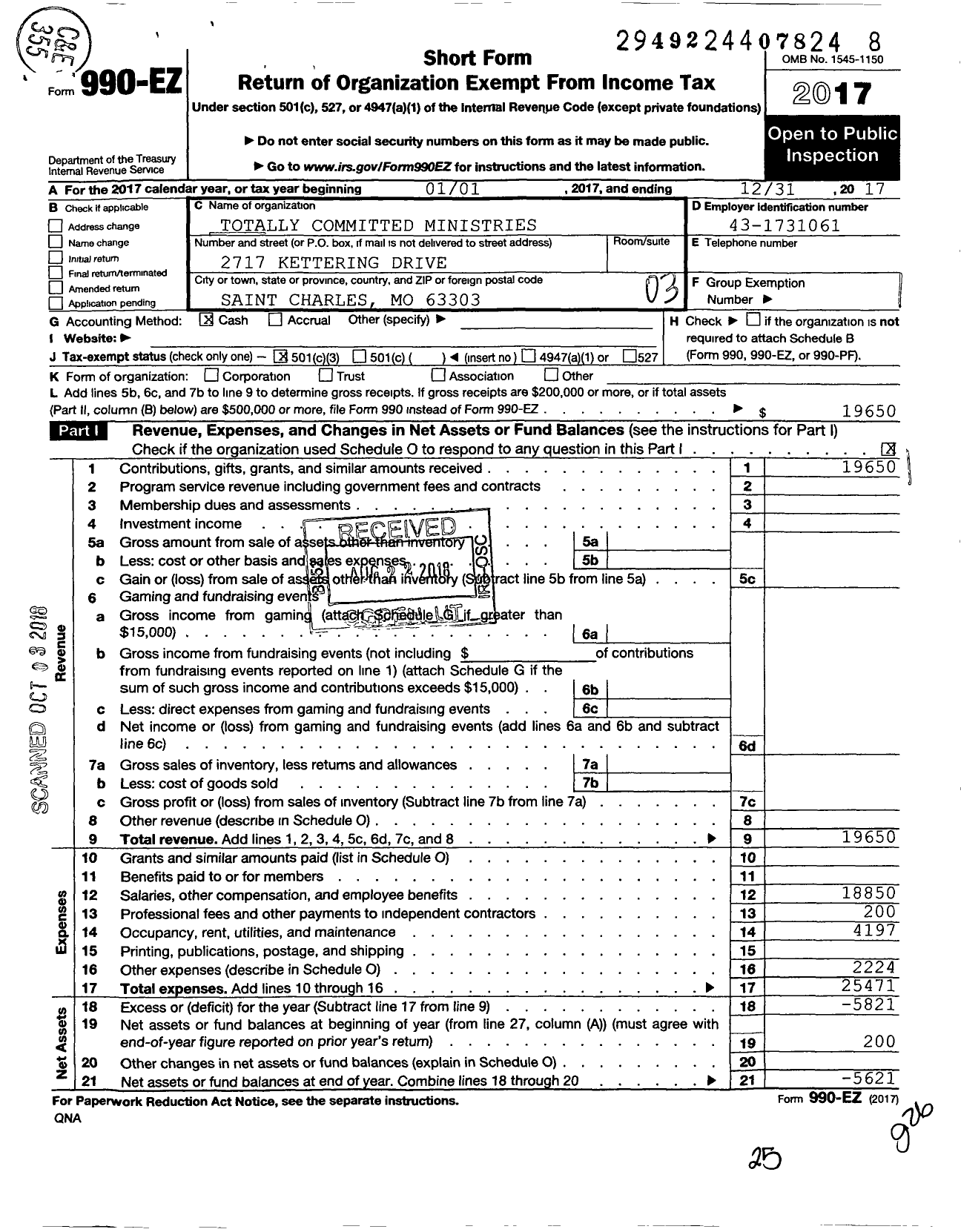 Image of first page of 2017 Form 990EZ for Totally Committed Ministries