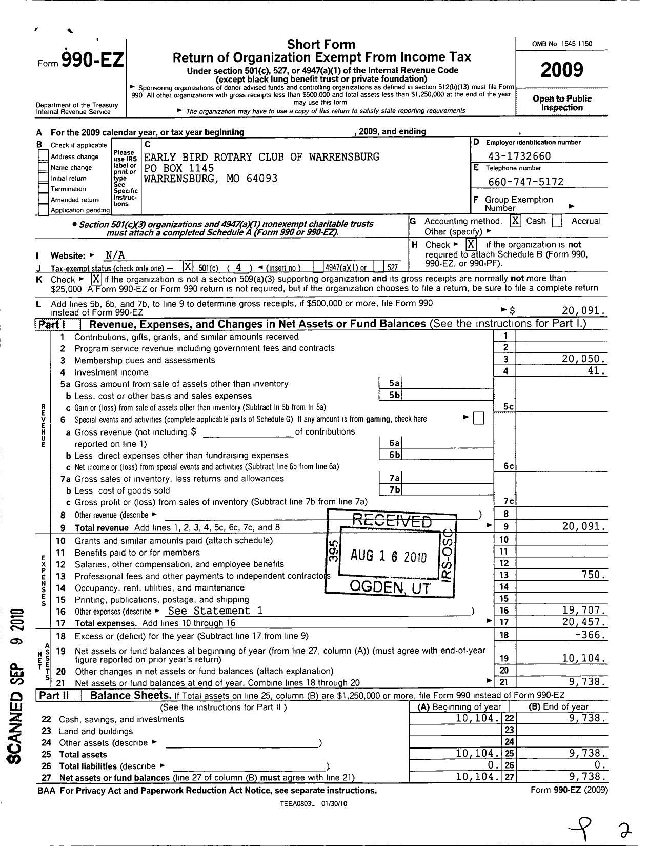 Image of first page of 2009 Form 990EO for Rotary International Warrensburg Early-Bird