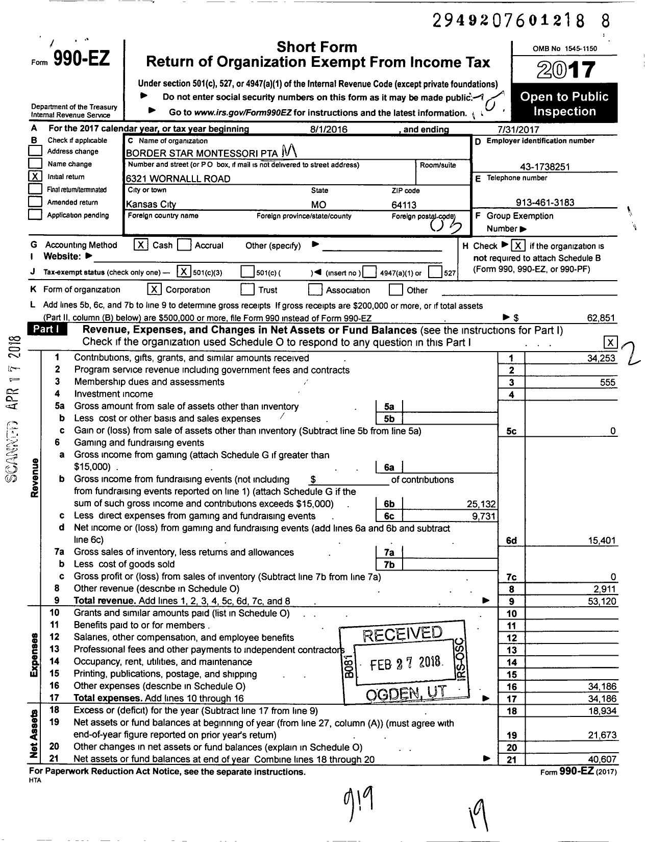 Image of first page of 2016 Form 990EZ for PTA Missouri Congress / Border Star Montessori PTA