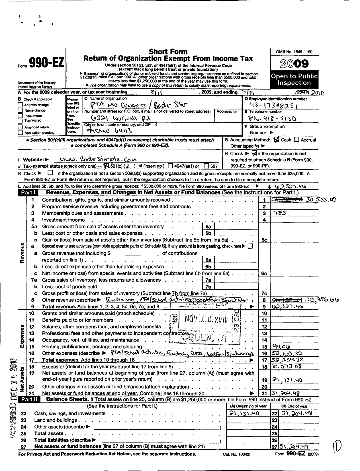 Image of first page of 2009 Form 990EZ for PTA Missouri Congress / Border Star Montessori PTA