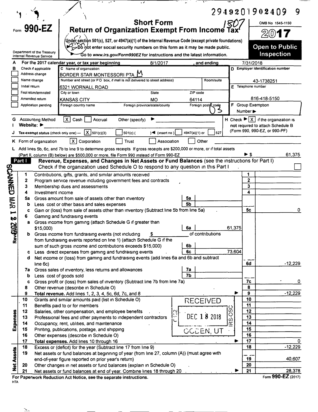 Image of first page of 2017 Form 990EZ for PTA Missouri Congress / Border Star Montessori PTA