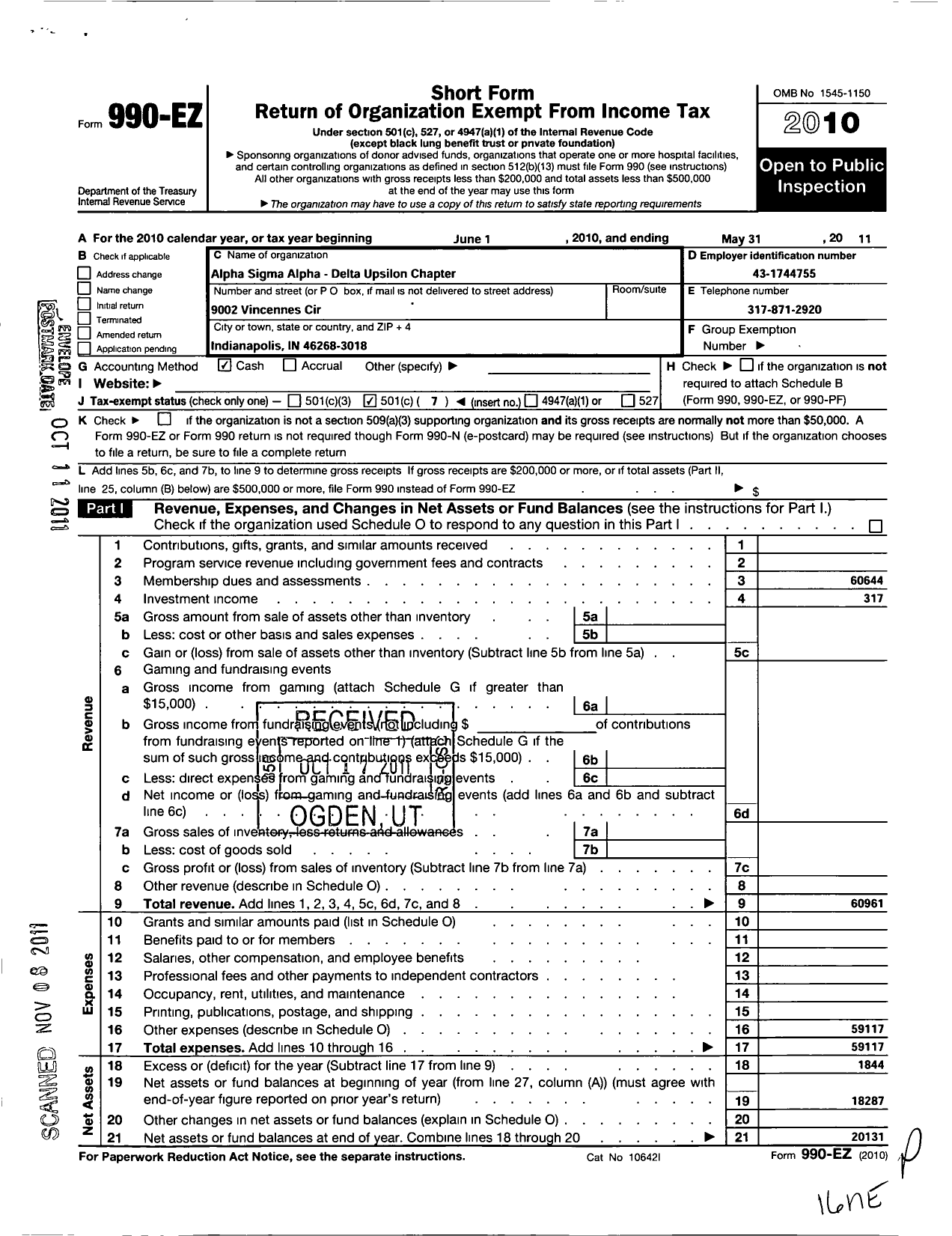 Image of first page of 2010 Form 990EO for Alpha Sigma Alpha Sorority / Delta Sigma Chapter