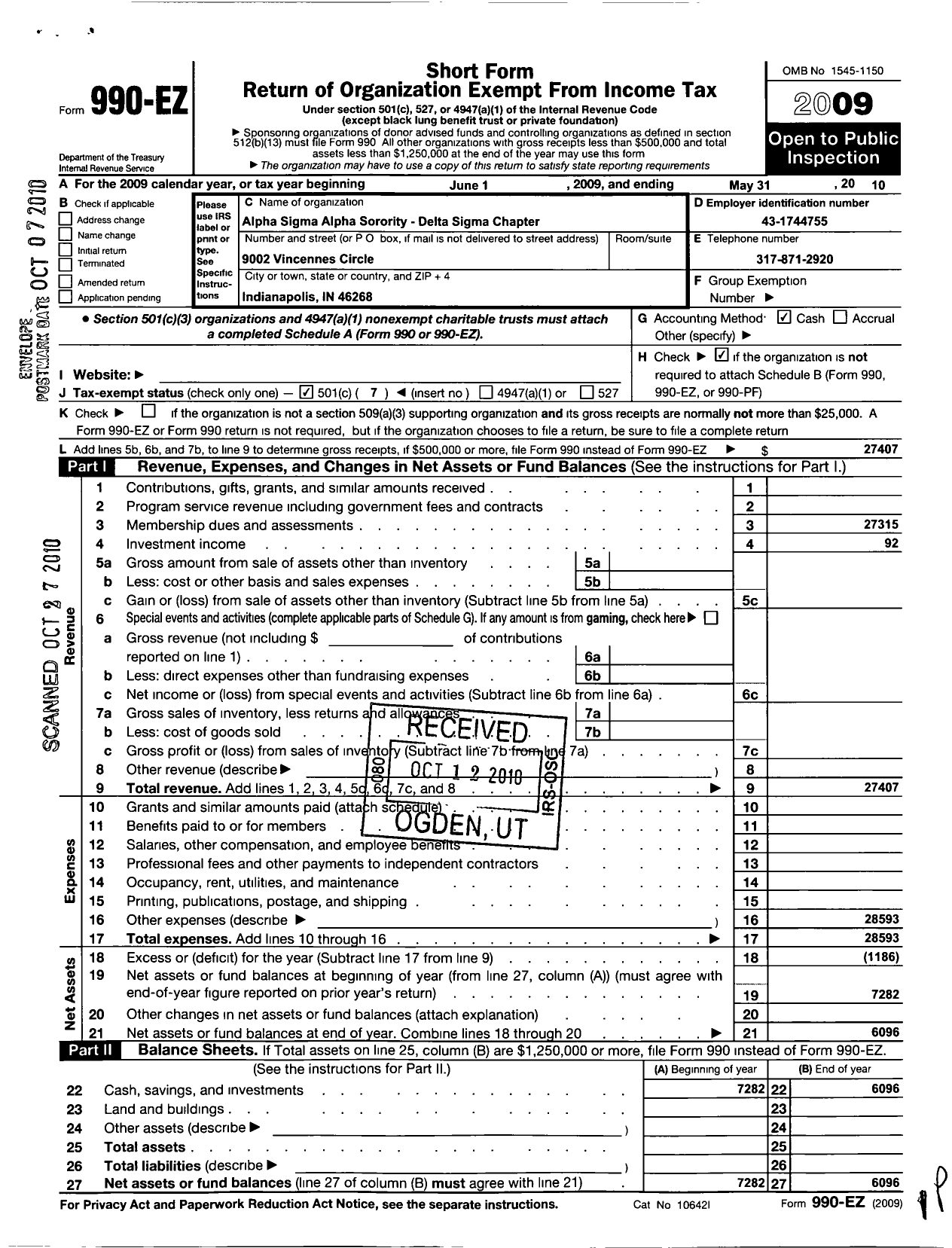 Image of first page of 2009 Form 990EO for Alpha Sigma Alpha Sorority / Delta Sigma Chapter