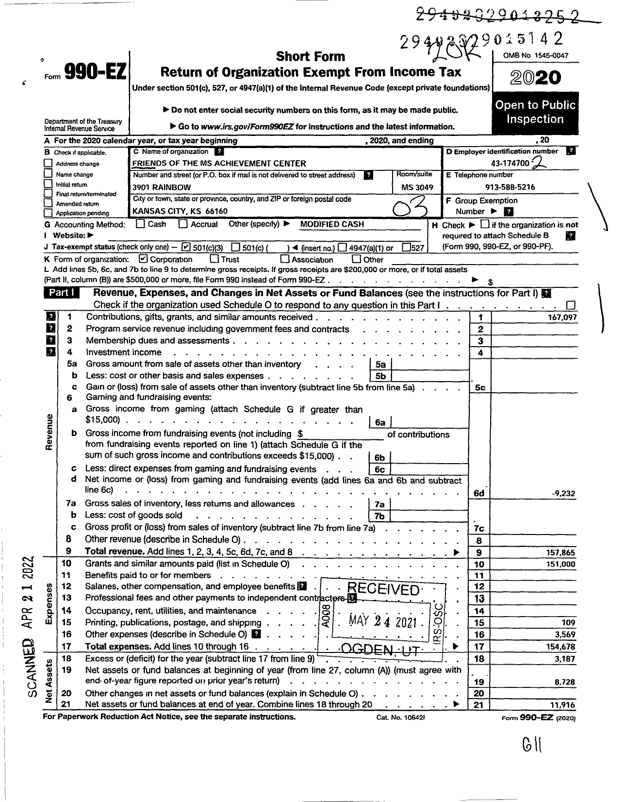 Image of first page of 2020 Form 990EZ for Friends of the MS Achievement Center