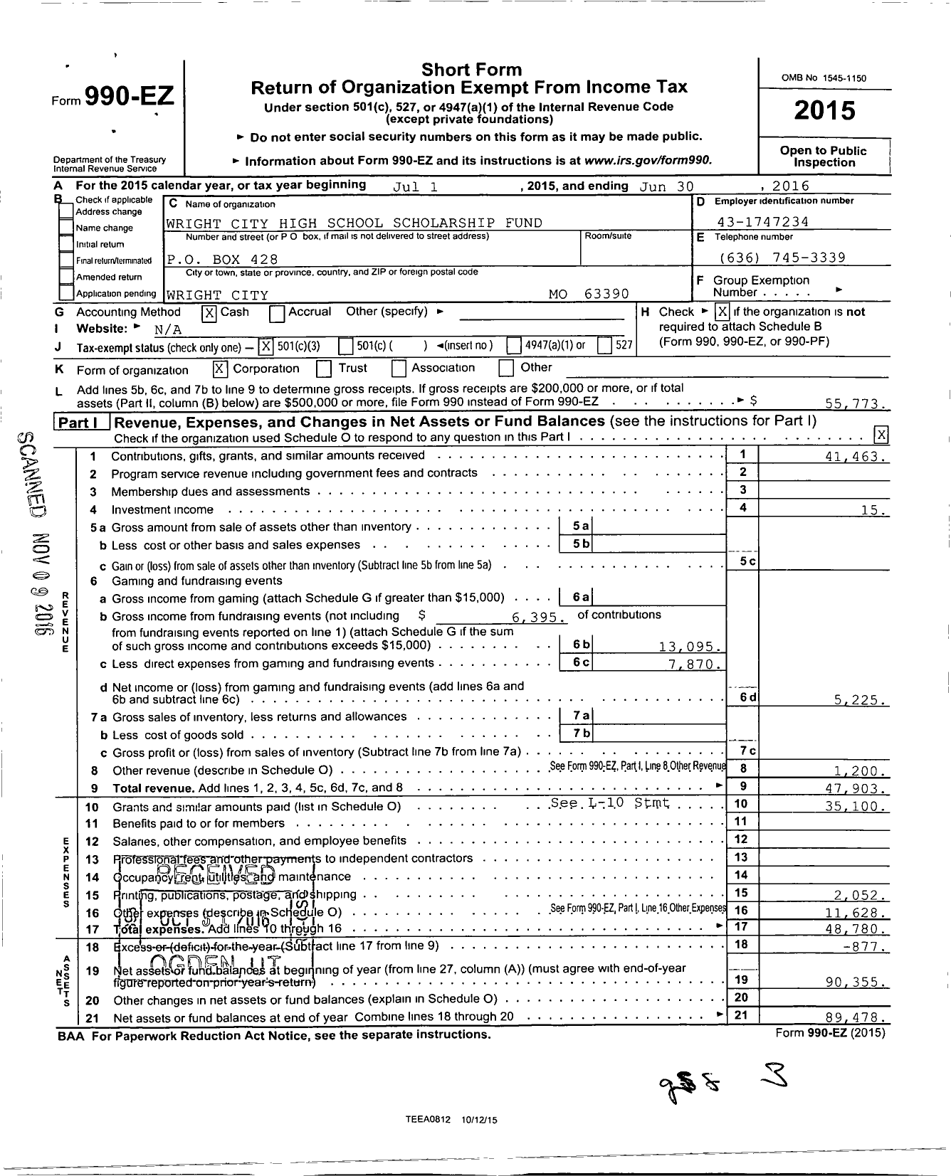 Image of first page of 2015 Form 990EZ for Wchsscholarship Fund