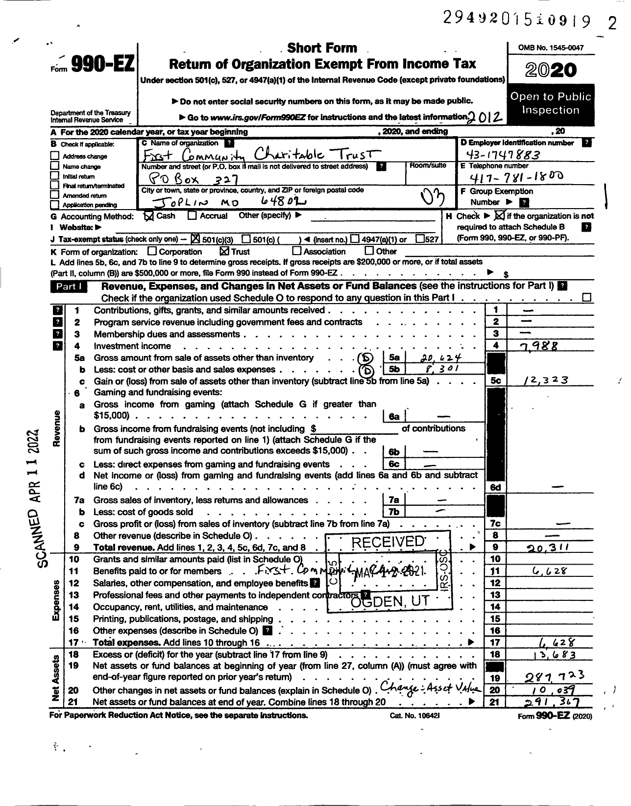 Image of first page of 2020 Form 990EZ for First Community Church of Christ Charitable Trust