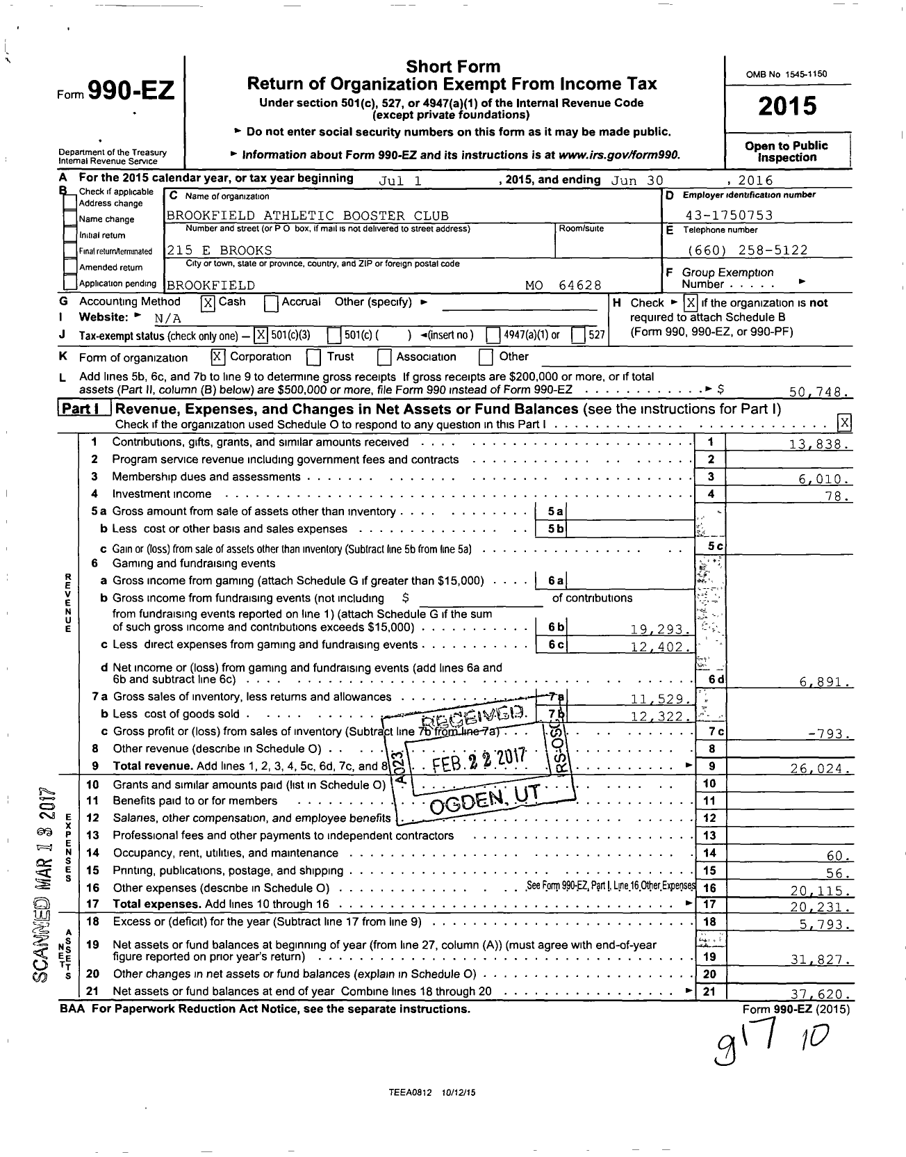 Image of first page of 2015 Form 990EZ for Brookfield Athletic Booster Club