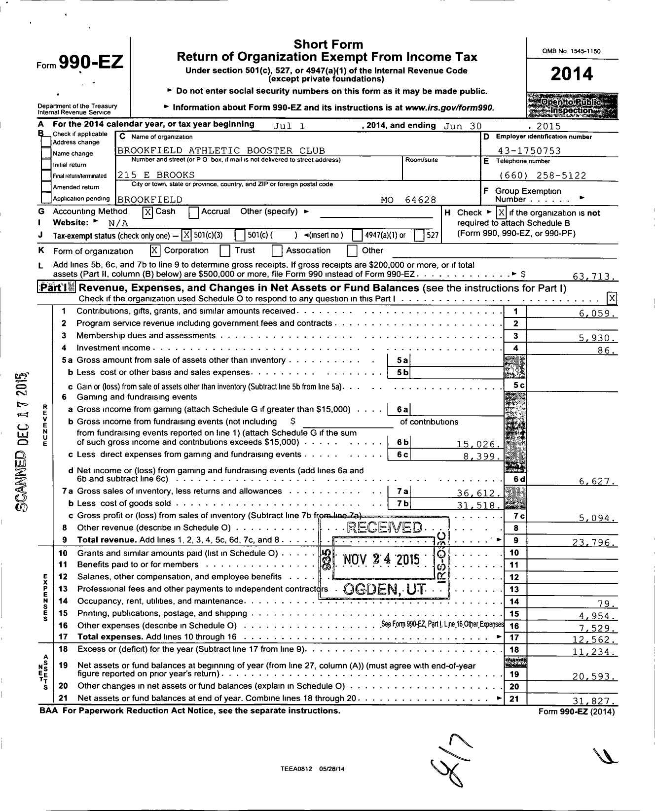 Image of first page of 2014 Form 990EZ for Brookfield Athletic Booster Club