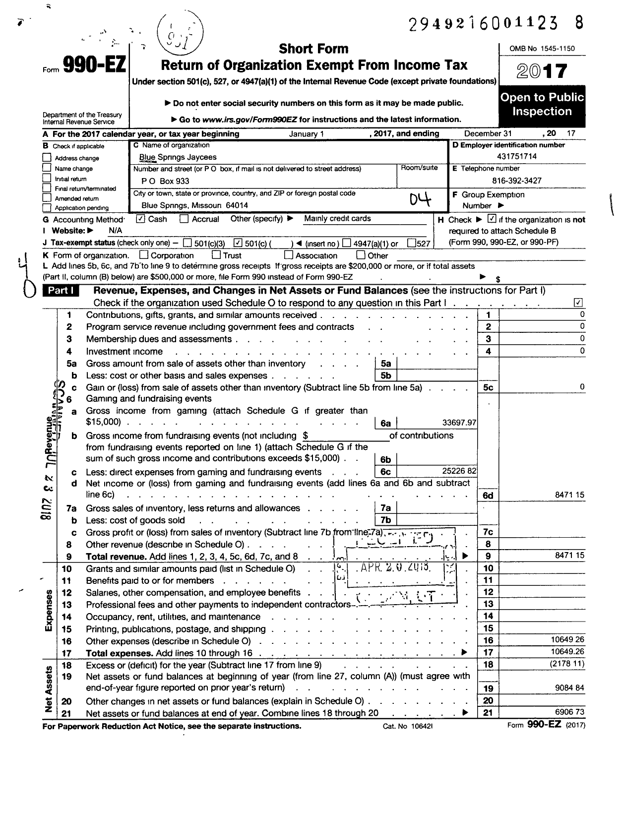 Image of first page of 2017 Form 990EO for Missouri Jaycees Blue Springs JR Chamber of Commerc - Blue Springs Jaycees 0096